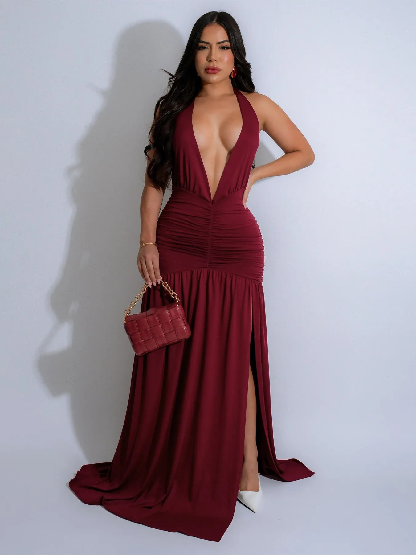 Dramatic Deep V Halter Gown with High Slit for Show-Stopping Elegance