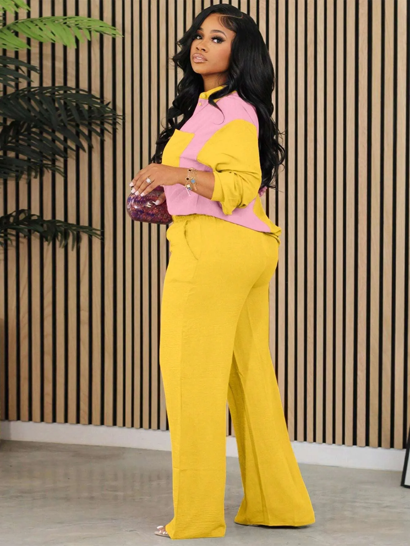 Dynamic Contrast Color Long Sleeve Shirt and Pants Two-Piece Set