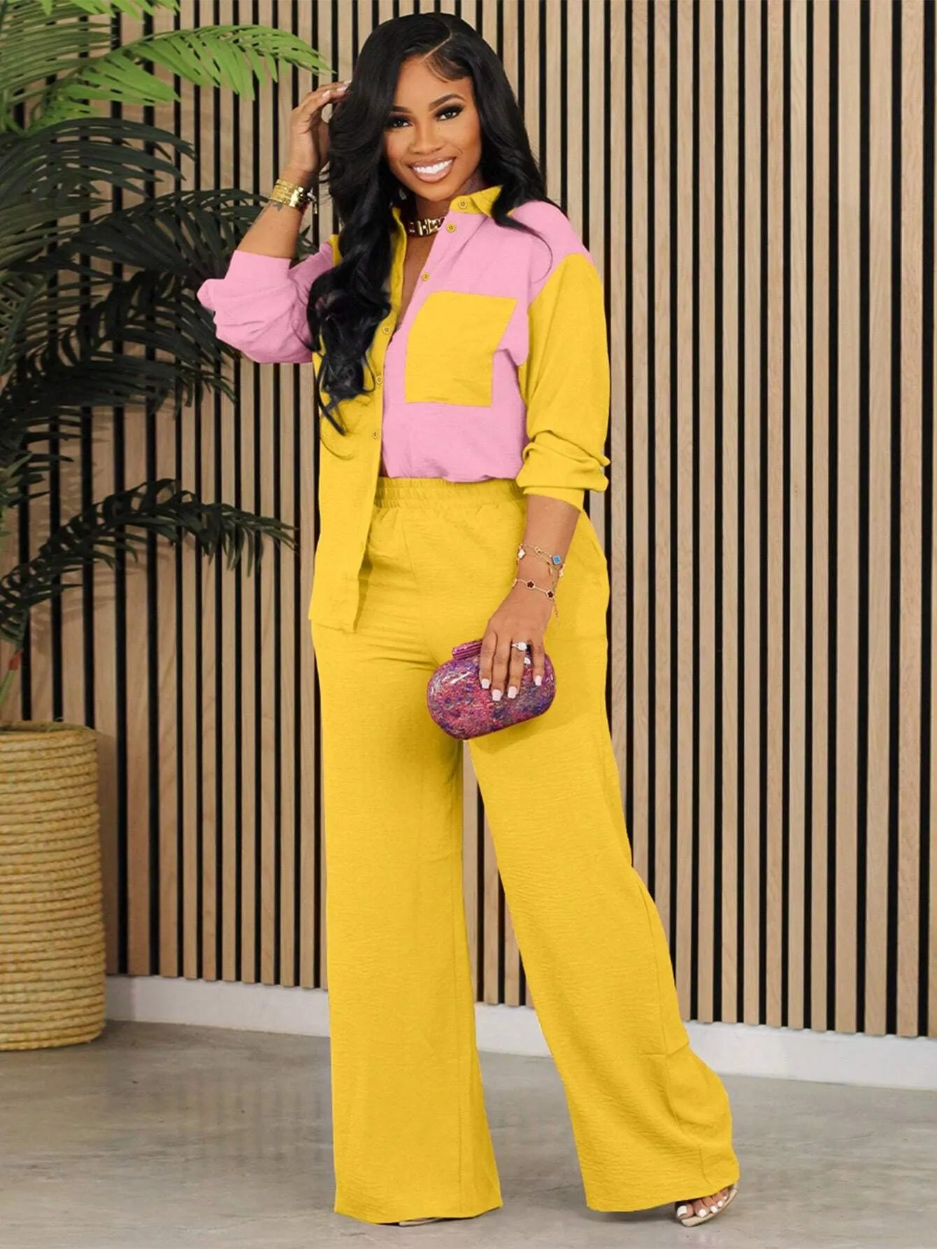 Dynamic Contrast Color Long Sleeve Shirt and Pants Two-Piece Set