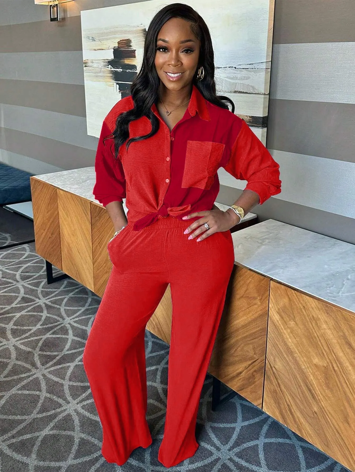 Dynamic Contrast Color Long Sleeve Shirt and Pants Two-Piece Set