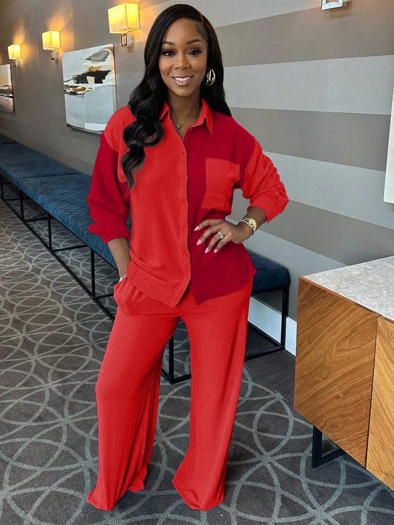 Dynamic Contrast Color Long Sleeve Shirt and Pants Two-Piece Set