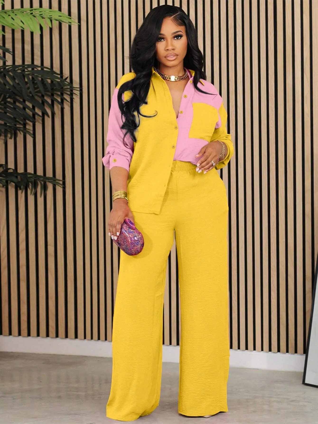 Dynamic Contrast Color Long Sleeve Shirt and Pants Two-Piece Set
