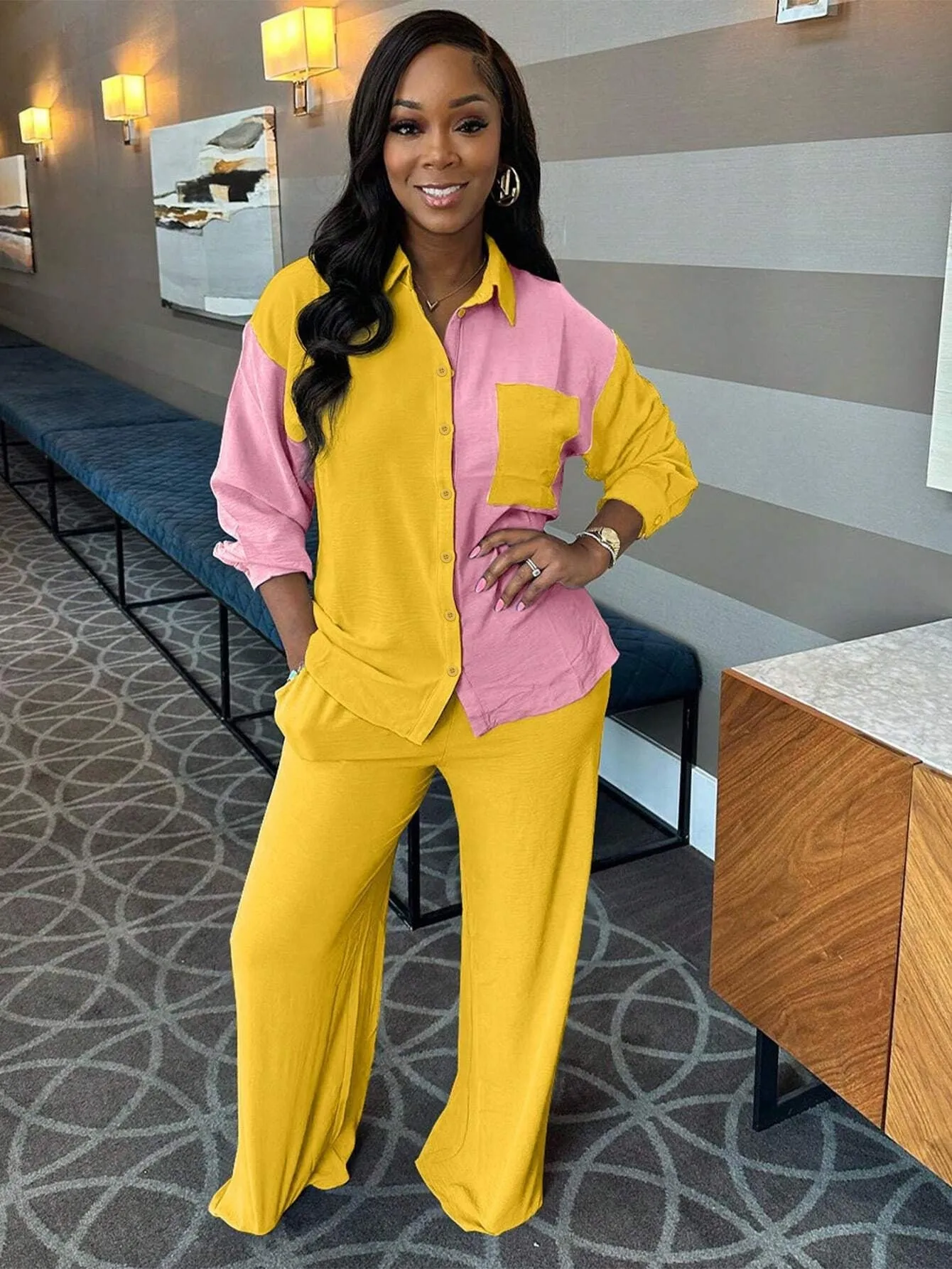 Dynamic Contrast Color Long Sleeve Shirt and Pants Two-Piece Set