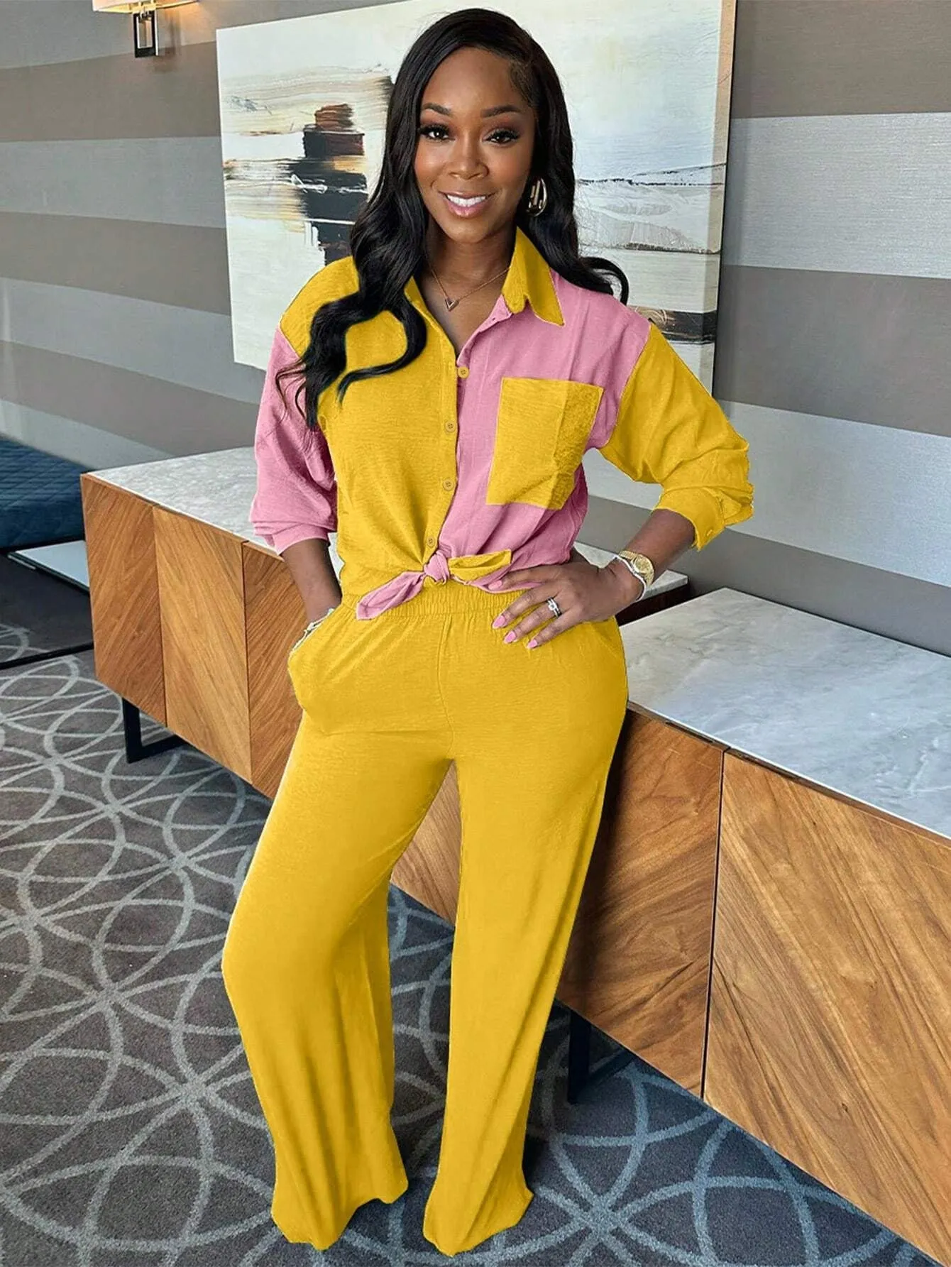 Dynamic Contrast Color Long Sleeve Shirt and Pants Two-Piece Set