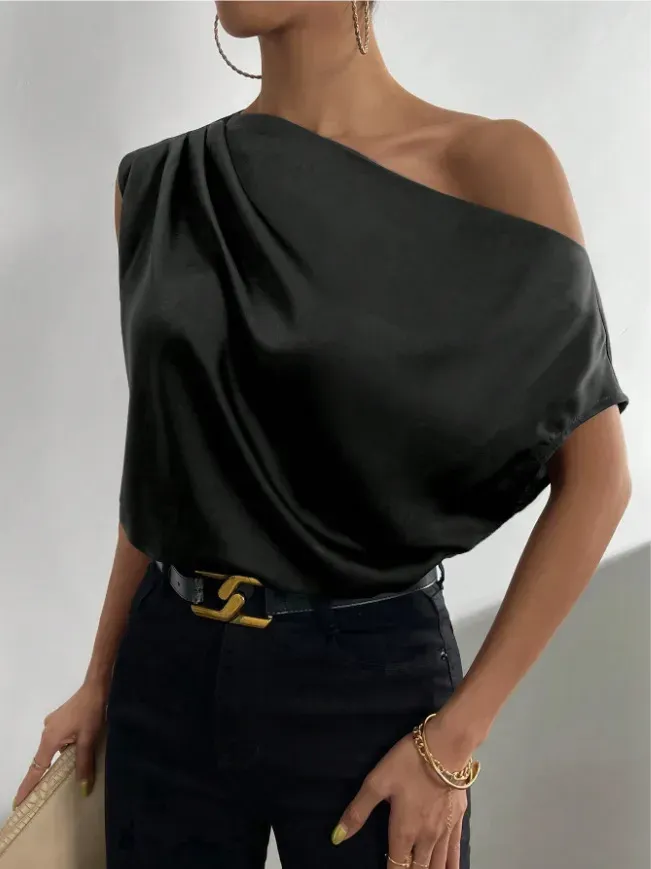 Edge Appeal One-Shoulder Satin Draped Top
