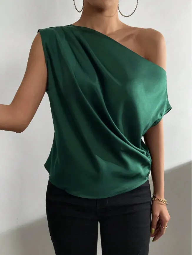 Edge Appeal One-Shoulder Satin Draped Top
