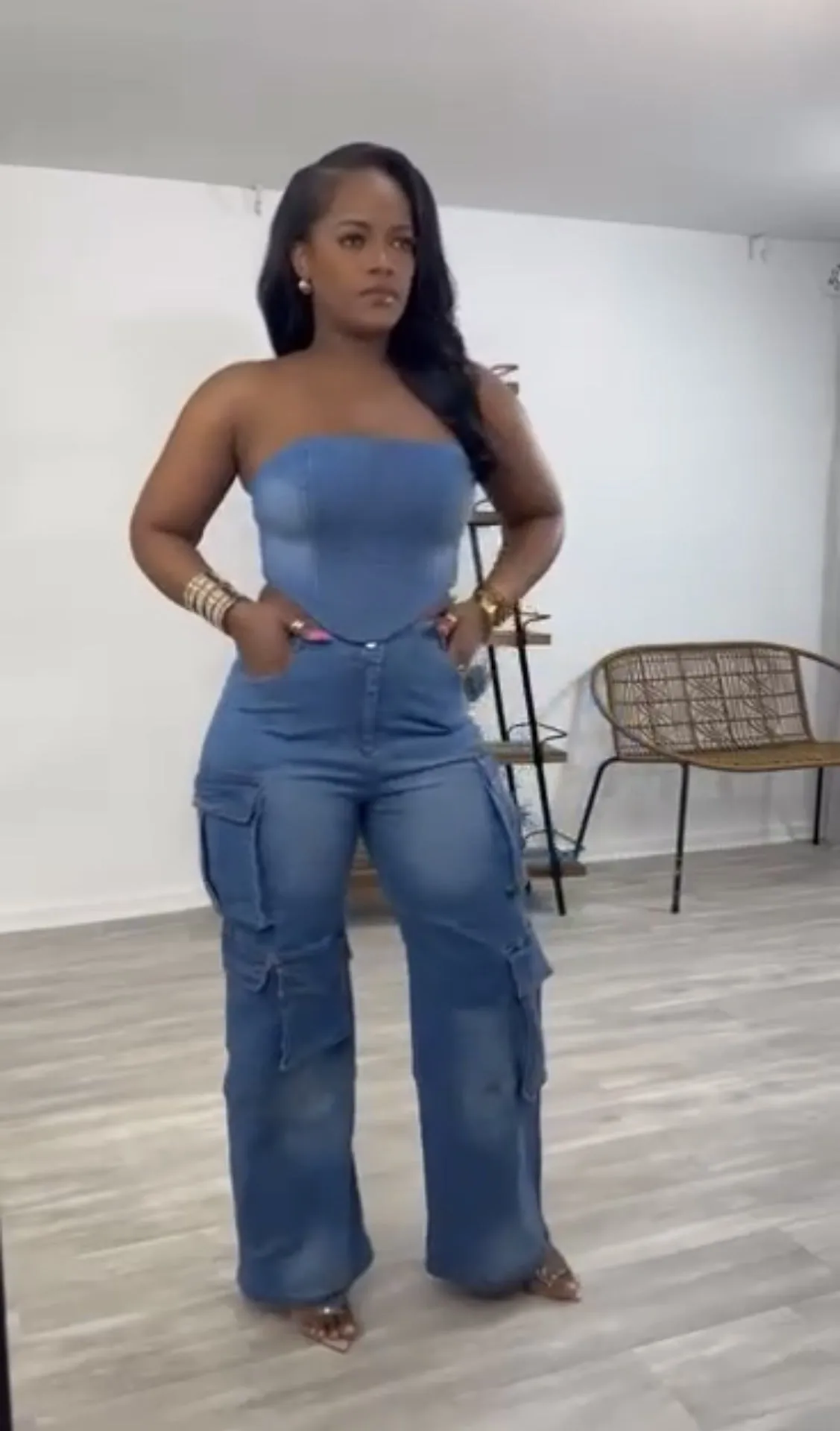 Edgy Strapless Top and Zipper Pocket Cargo Pants Denim Two-Piece Set