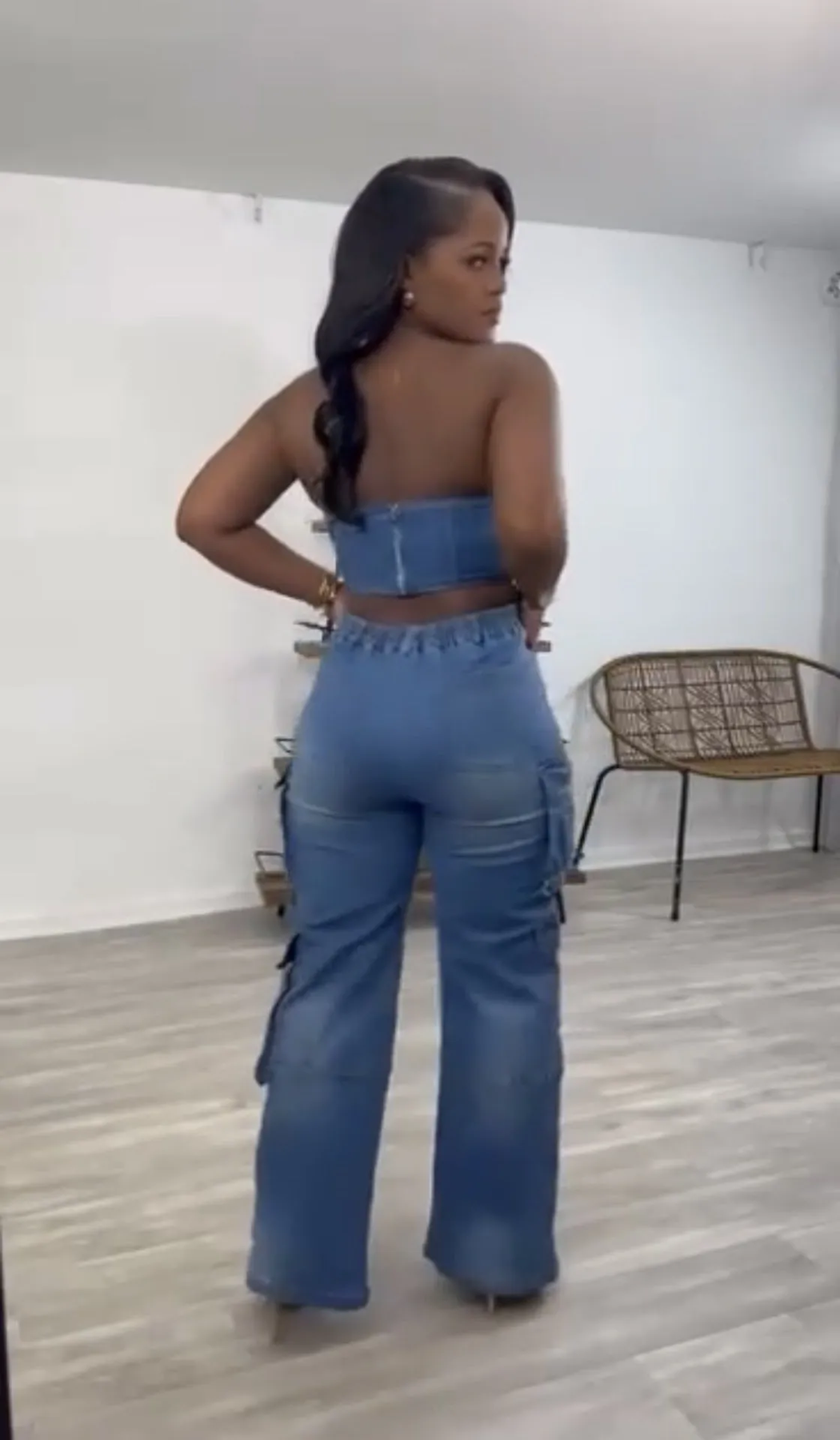 Edgy Strapless Top and Zipper Pocket Cargo Pants Denim Two-Piece Set