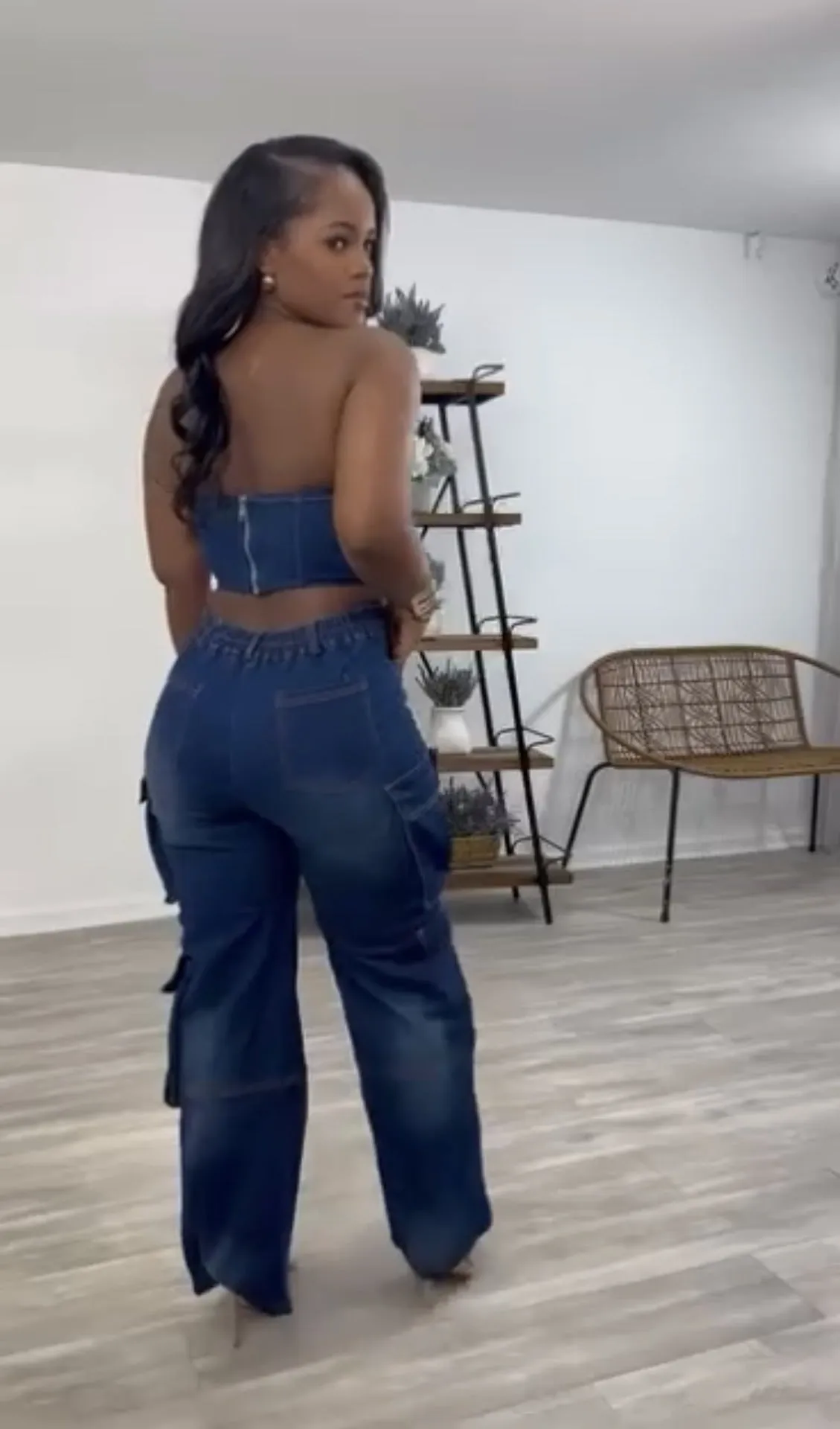 Edgy Strapless Top and Zipper Pocket Cargo Pants Denim Two-Piece Set