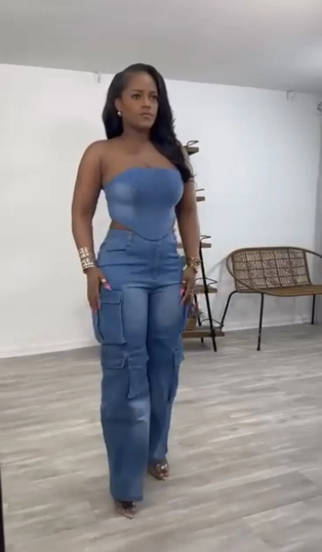 Edgy Strapless Top and Zipper Pocket Cargo Pants Denim Two-Piece Set