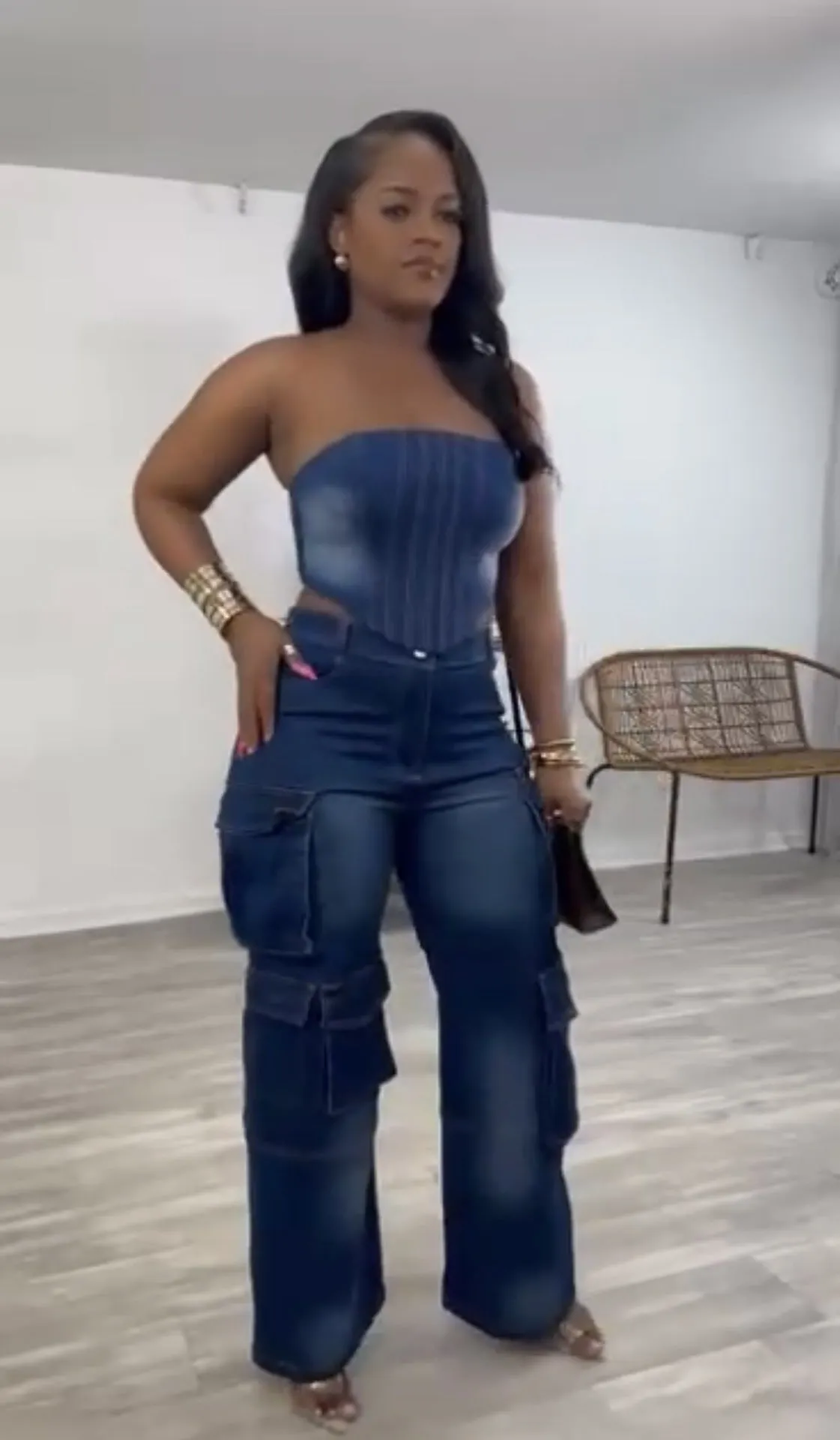 Edgy Strapless Top and Zipper Pocket Cargo Pants Denim Two-Piece Set
