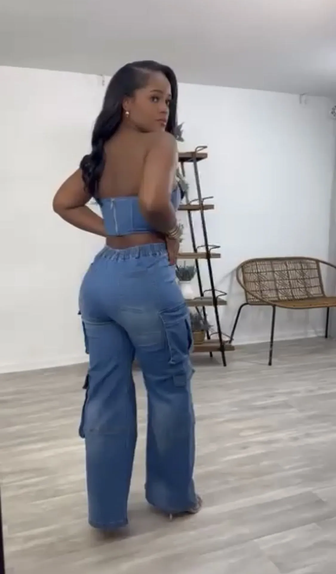 Edgy Strapless Top and Zipper Pocket Cargo Pants Denim Two-Piece Set
