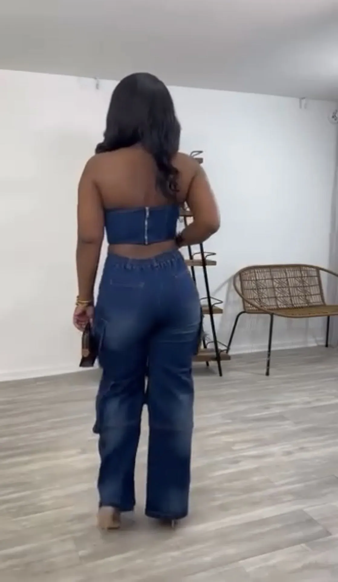 Edgy Strapless Top and Zipper Pocket Cargo Pants Denim Two-Piece Set