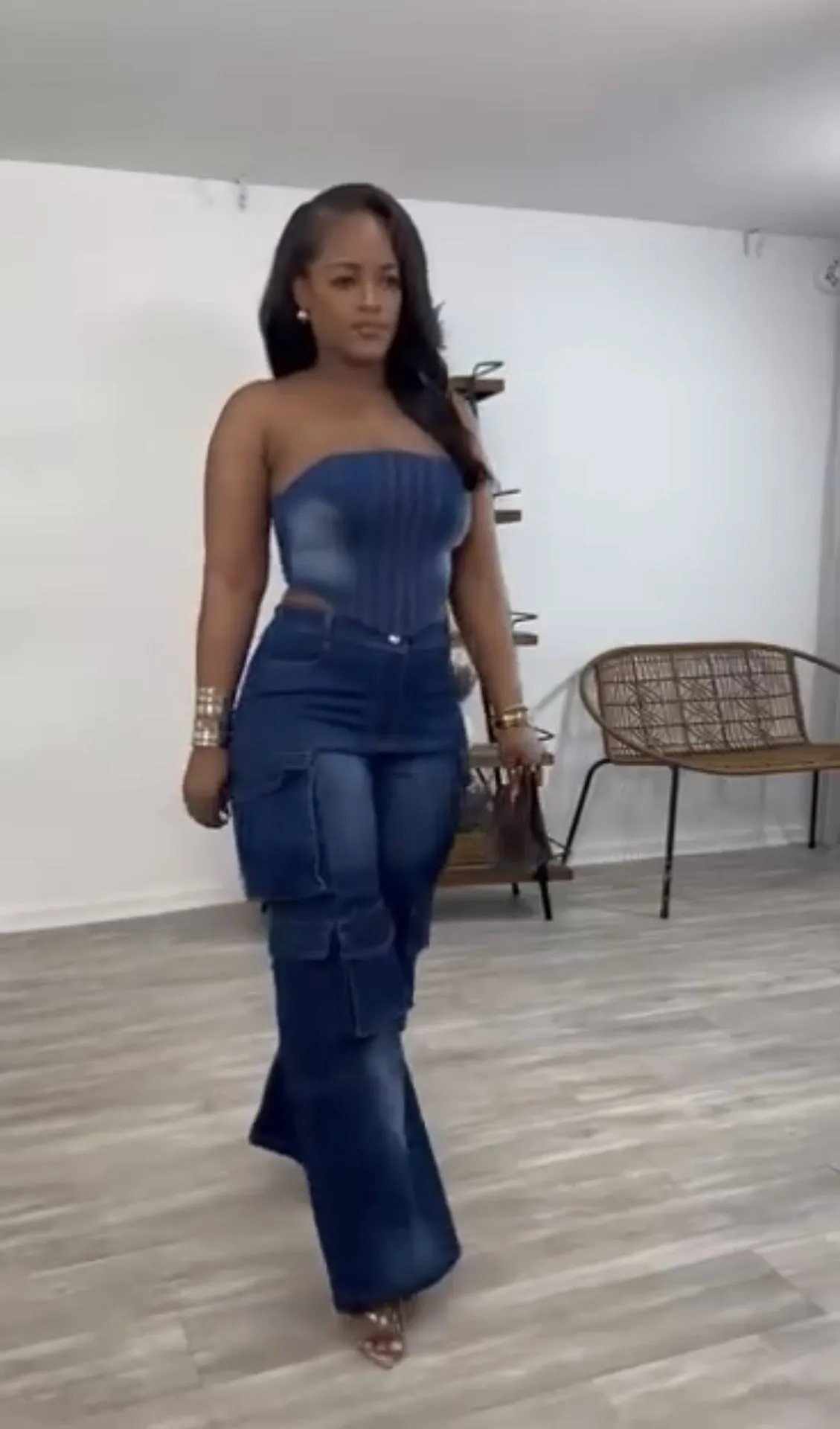 Edgy Strapless Top and Zipper Pocket Cargo Pants Denim Two-Piece Set