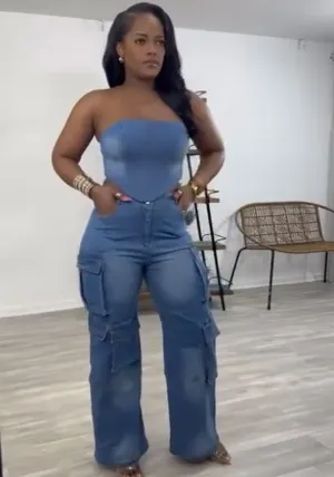 Edgy Strapless Top and Zipper Pocket Cargo Pants Denim Two-Piece Set