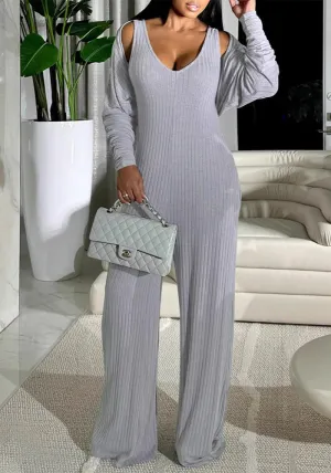 Effortless Casual Two-Piece Ribbed Jumpsuit and Coat Set