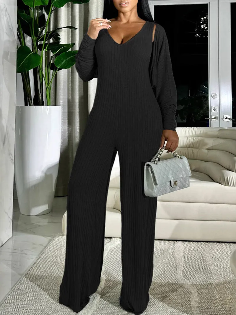Effortless Casual Two-Piece Ribbed Jumpsuit and Coat Set