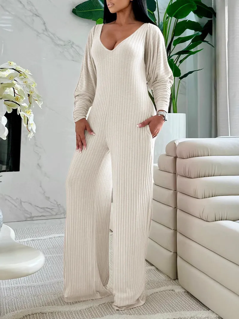 Effortless Casual Two-Piece Ribbed Jumpsuit and Coat Set