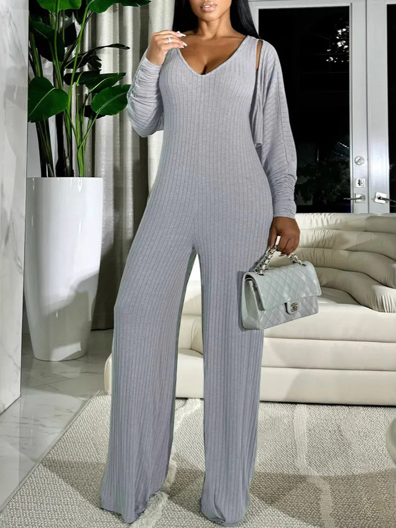 Effortless Casual Two-Piece Ribbed Jumpsuit and Coat Set