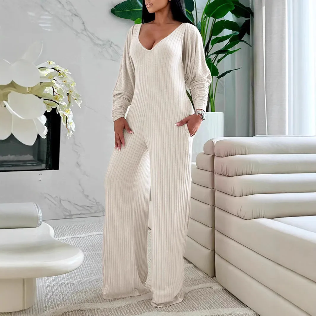 Effortless Casual Two-Piece Ribbed Jumpsuit and Coat Set