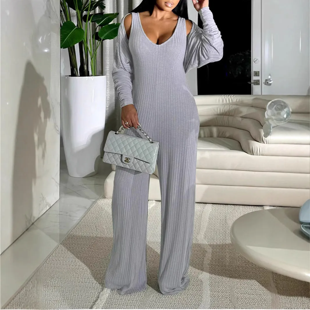 Effortless Casual Two-Piece Ribbed Jumpsuit and Coat Set