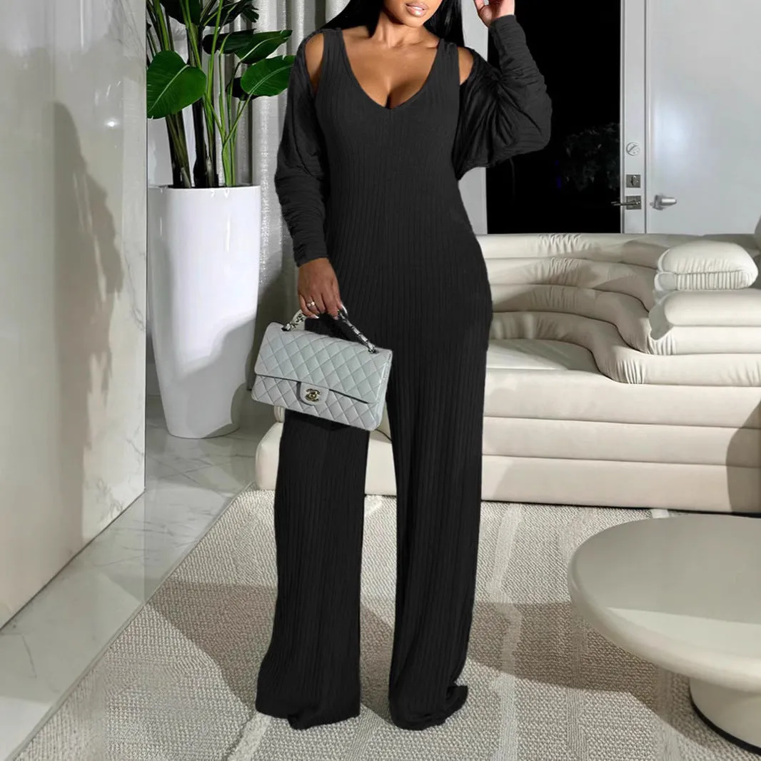 Effortless Casual Two-Piece Ribbed Jumpsuit and Coat Set