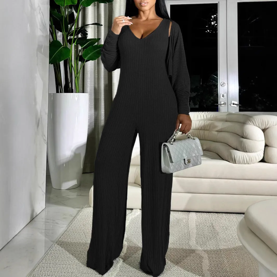Effortless Casual Two-Piece Ribbed Jumpsuit and Coat Set