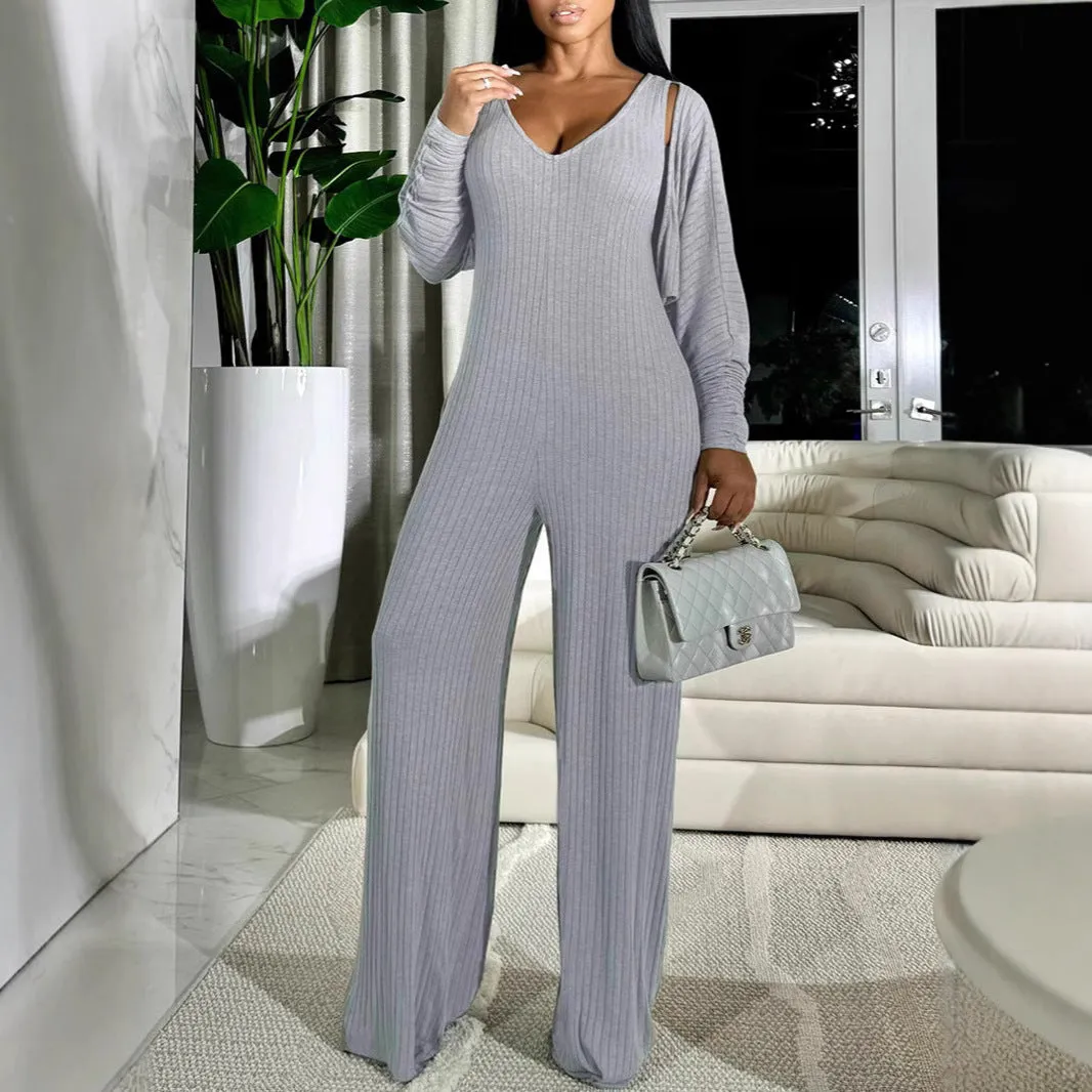 Effortless Casual Two-Piece Ribbed Jumpsuit and Coat Set