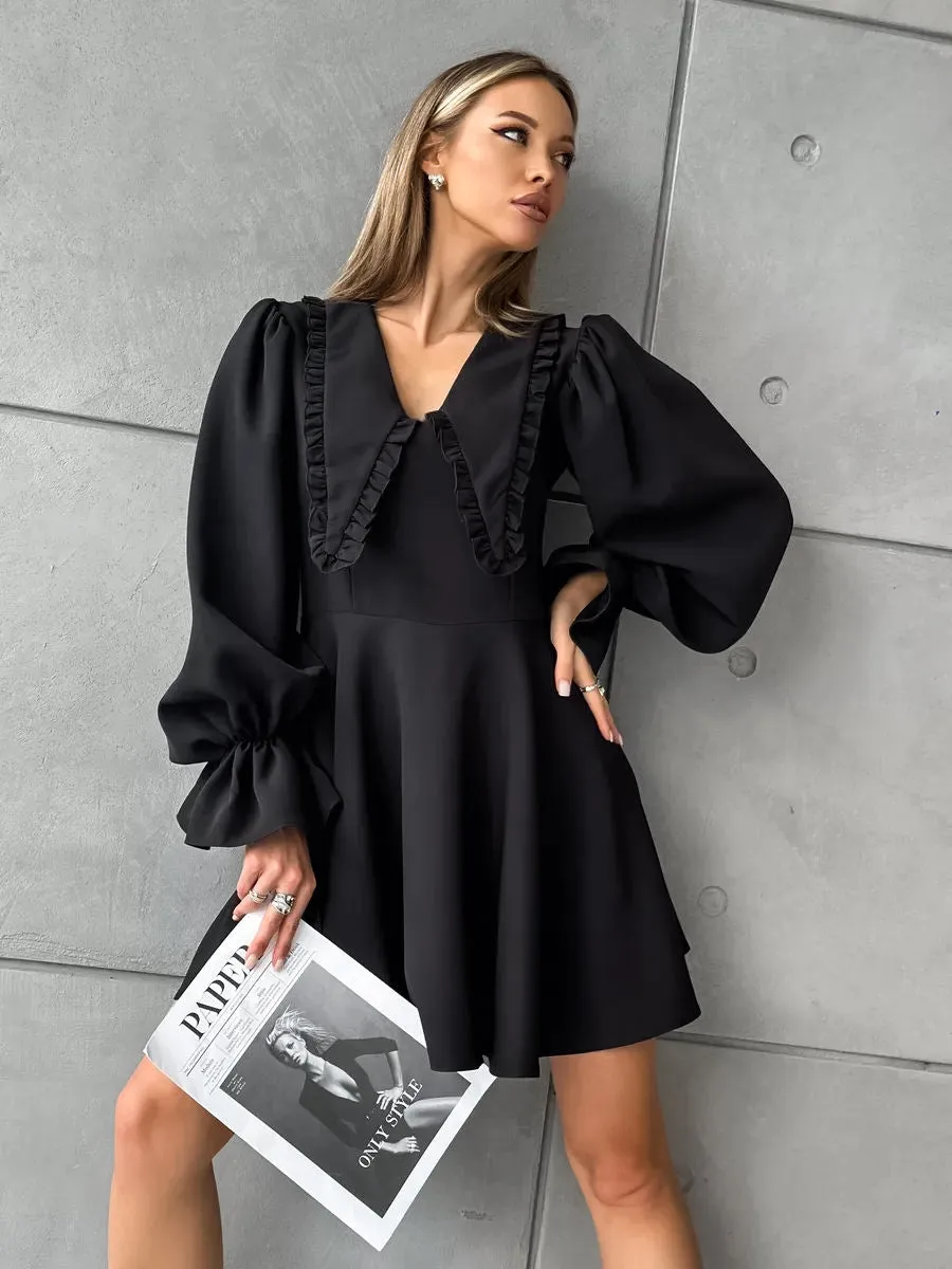 Elegant Bell Sleeve Black Mini Dress with Ruffle Collar