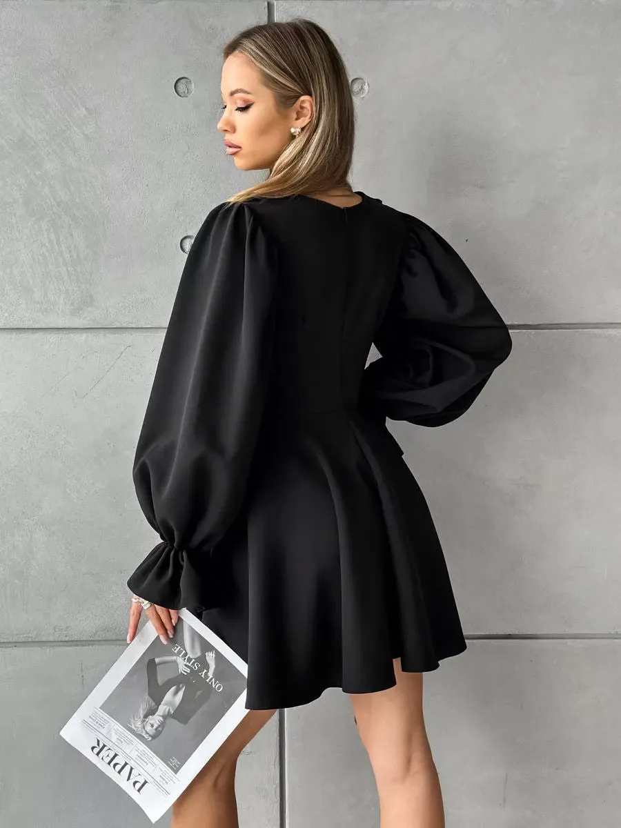 Elegant Bell Sleeve Black Mini Dress with Ruffle Collar