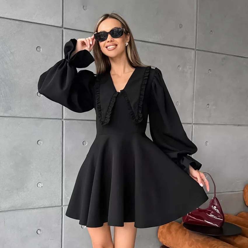 Elegant Bell Sleeve Black Mini Dress with Ruffle Collar