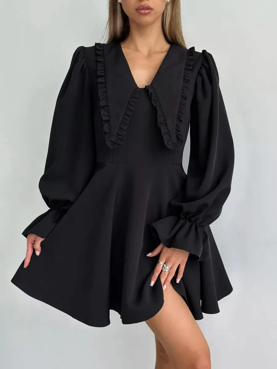 Elegant Bell Sleeve Black Mini Dress with Ruffle Collar