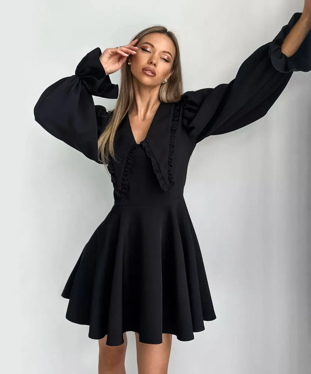 Elegant Bell Sleeve Black Mini Dress with Ruffle Collar