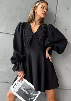 Elegant Bell Sleeve Black Mini Dress with Ruffle Collar