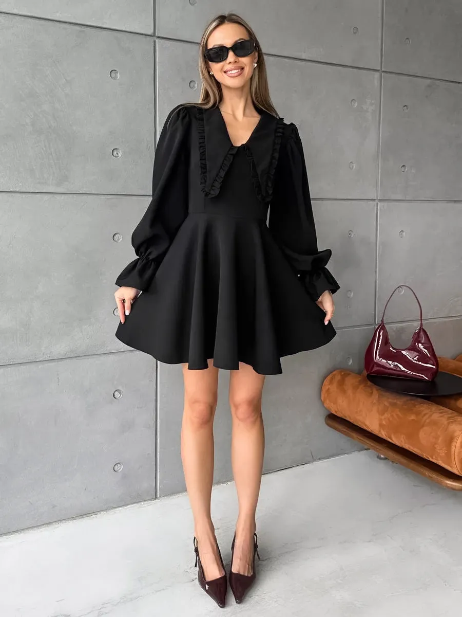Elegant Bell Sleeve Black Mini Dress with Ruffle Collar