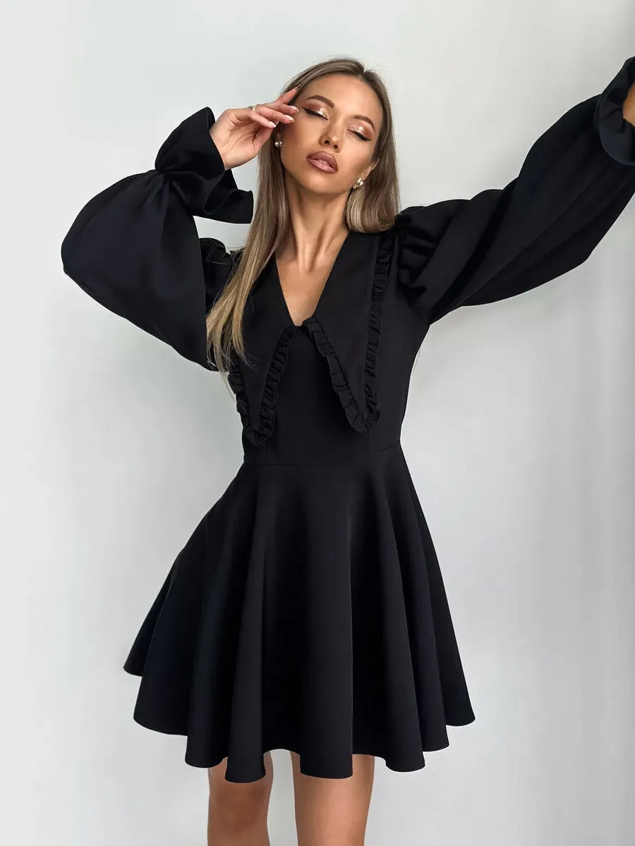 Elegant Bell Sleeve Black Mini Dress with Ruffle Collar