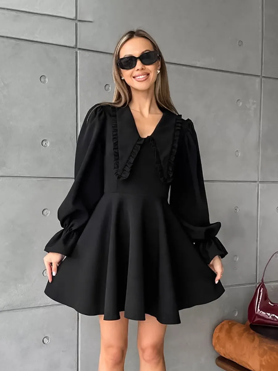 Elegant Bell Sleeve Black Mini Dress with Ruffle Collar