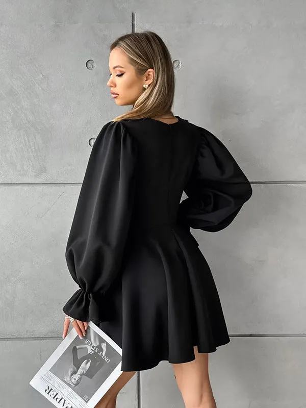 Elegant Bell Sleeve Black Mini Dress with Ruffle Collar