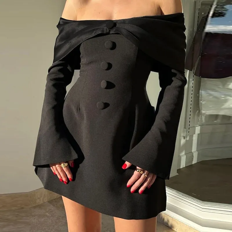 Elegant  Sexy Off-Shoulder Bell Bottom Sleeve Bodycon Dress for a Stunning and Feminine Look