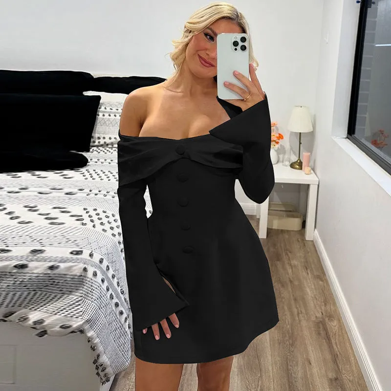 Elegant  Sexy Off-Shoulder Bell Bottom Sleeve Bodycon Dress for a Stunning and Feminine Look
