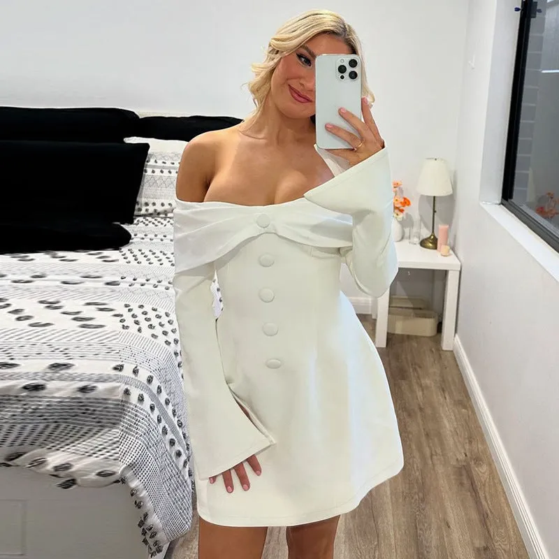 Elegant  Sexy Off-Shoulder Bell Bottom Sleeve Bodycon Dress for a Stunning and Feminine Look