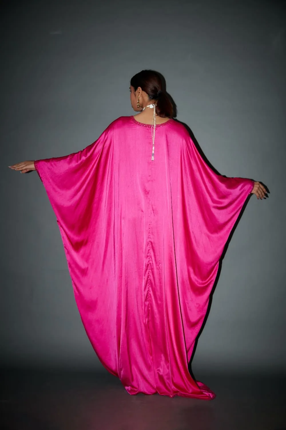 Fuchsia Satin Crystal Embellished Kaftan
