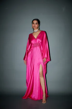 Fuchsia Satin Crystal Embellished Kaftan
