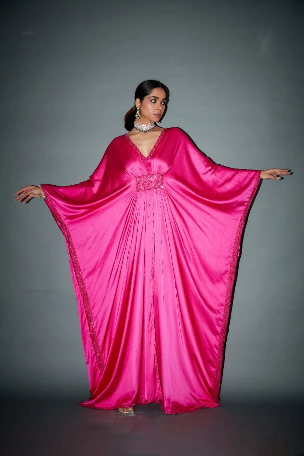 Fuchsia Satin Crystal Embellished Kaftan