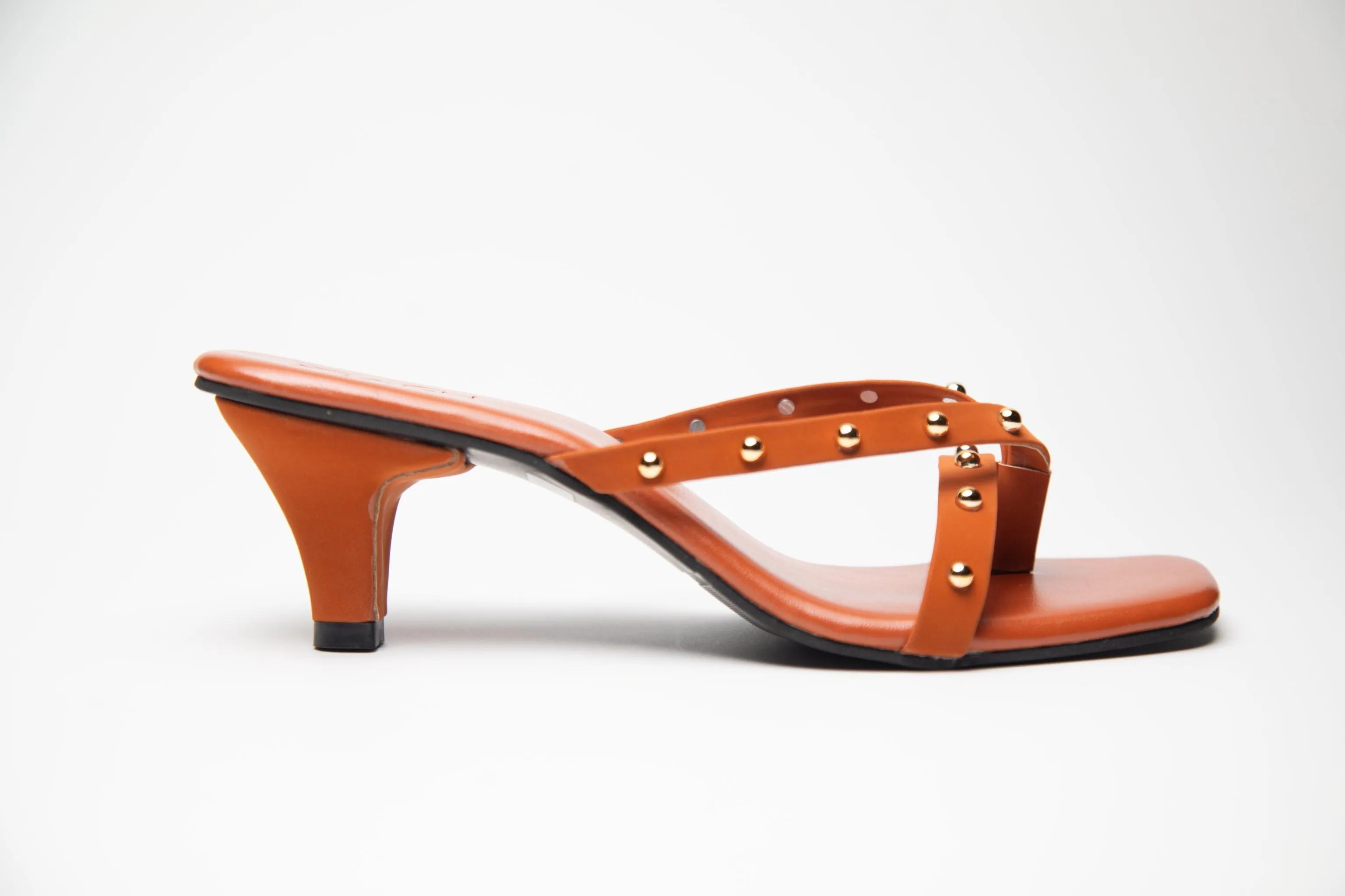 Gold studded Kitten Heels - Tan