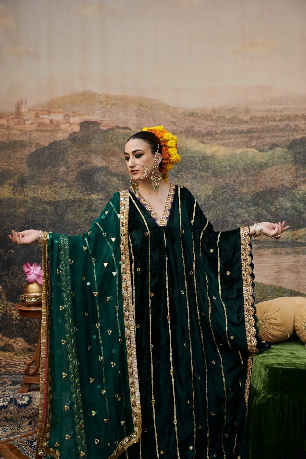 Green Velvet Sequins Embroidered Kaftan