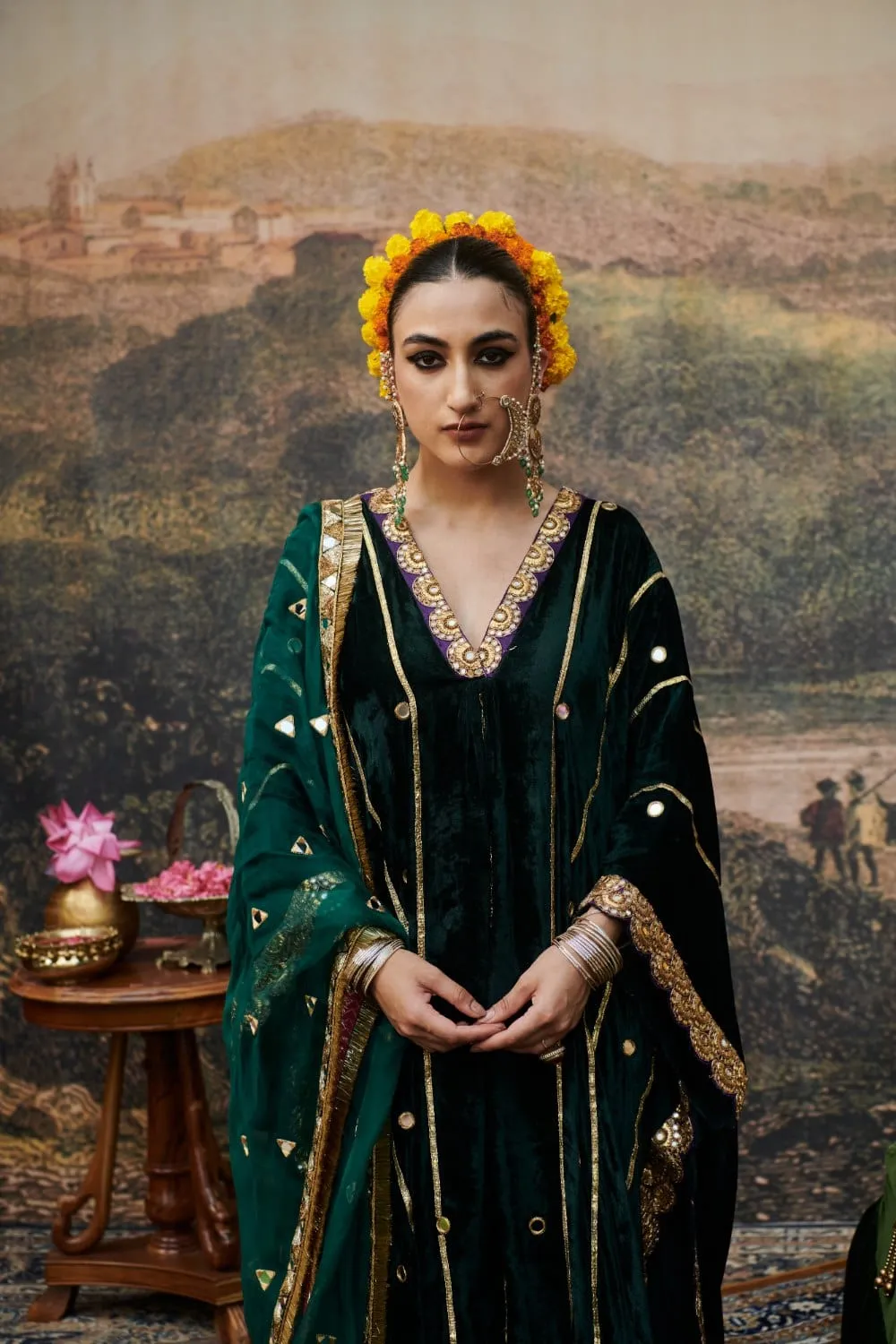 Green Velvet Sequins Embroidered Kaftan
