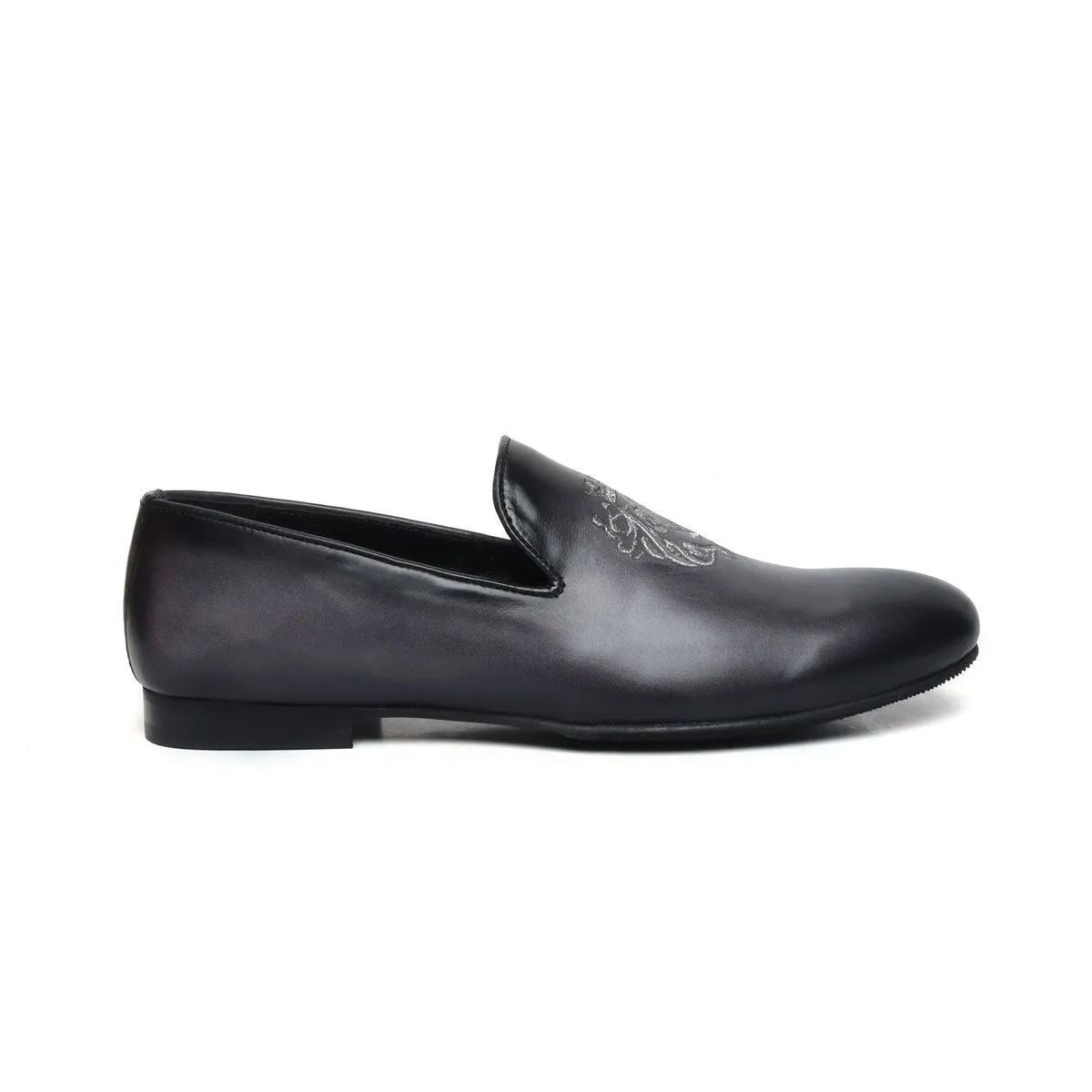 Grey Leather/Silver Lion King Embroidery Slip-On Shoes By Brune & Bareskin