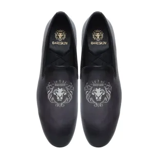 Grey Leather/Silver Lion King Embroidery Slip-On Shoes By Brune & Bareskin