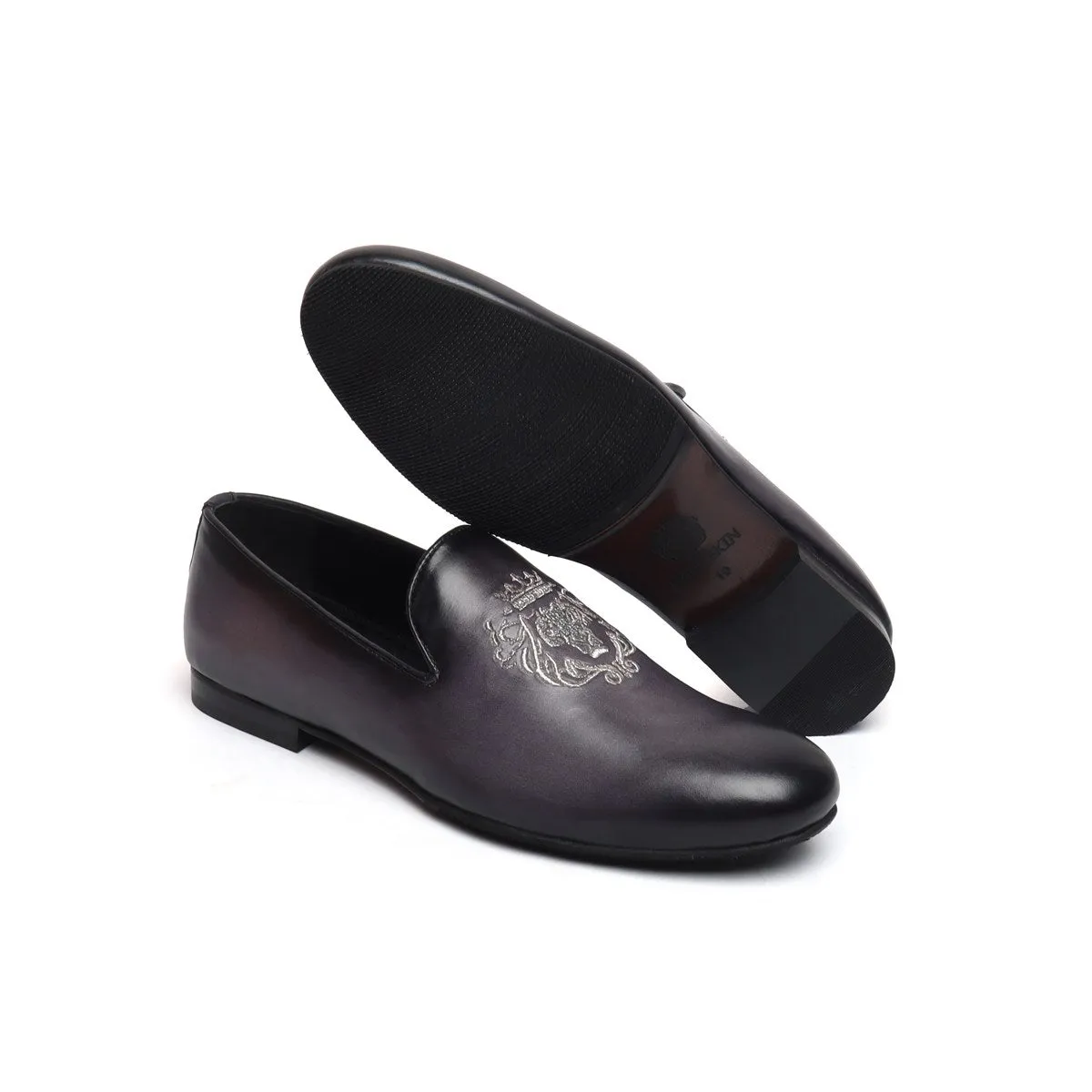 Grey Leather/Silver Lion King Embroidery Slip-On Shoes By Brune & Bareskin